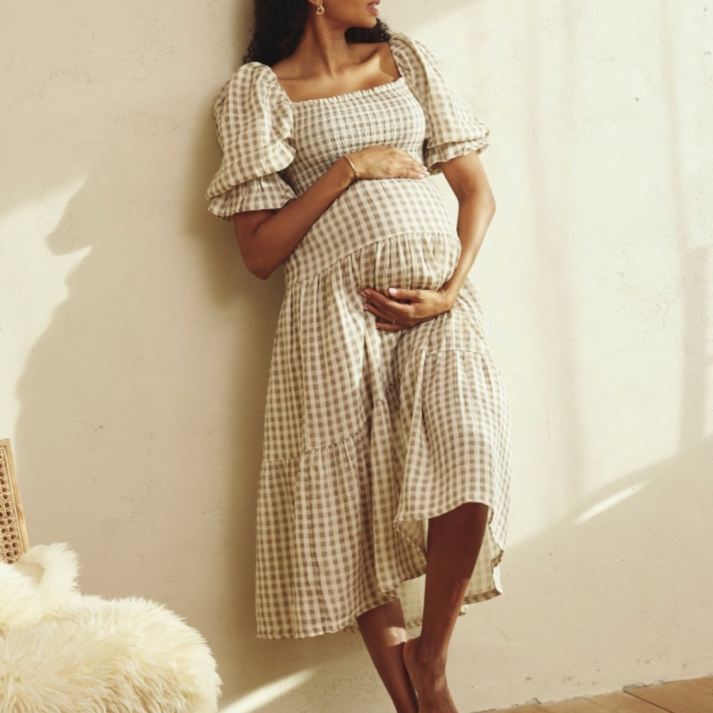 NothingFitsBut Taupe Gingham Puff Sleeve Kiko Dress